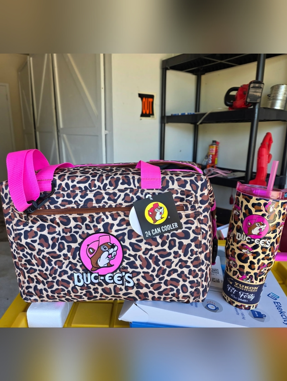 Buckees 24 Can Cooler With 40 Oz Tumbler ! Leopard Print With Pink Accents!